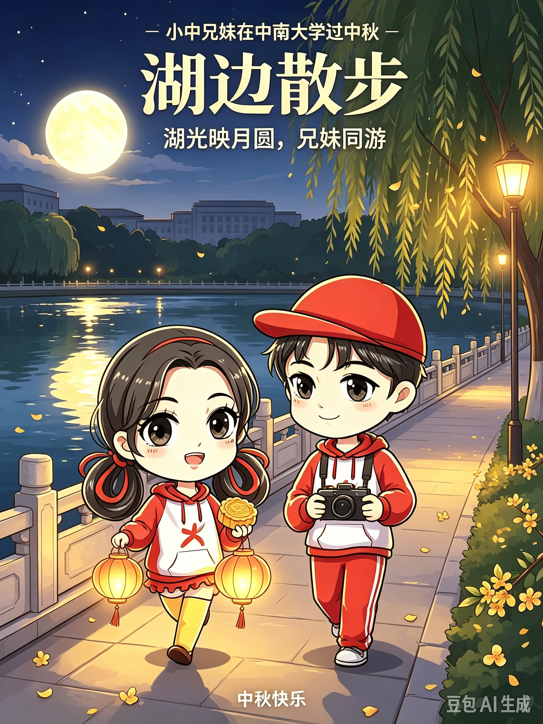 月下湖畔，柳影依依。湖面倒映一轮满月，小中兄妹手提灯笼、捧着月饼沿湖慢行，晚风揽月色，共赏中南湖光秋色。