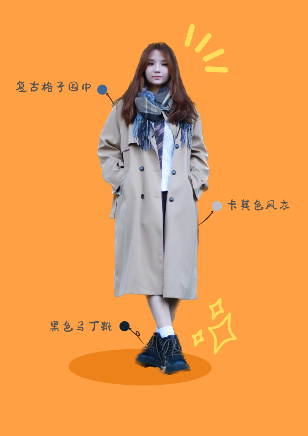 Look 10：卡其色风衣，搭配设计感十足的马丁靴。
西南科技大学卢璐雯 制
