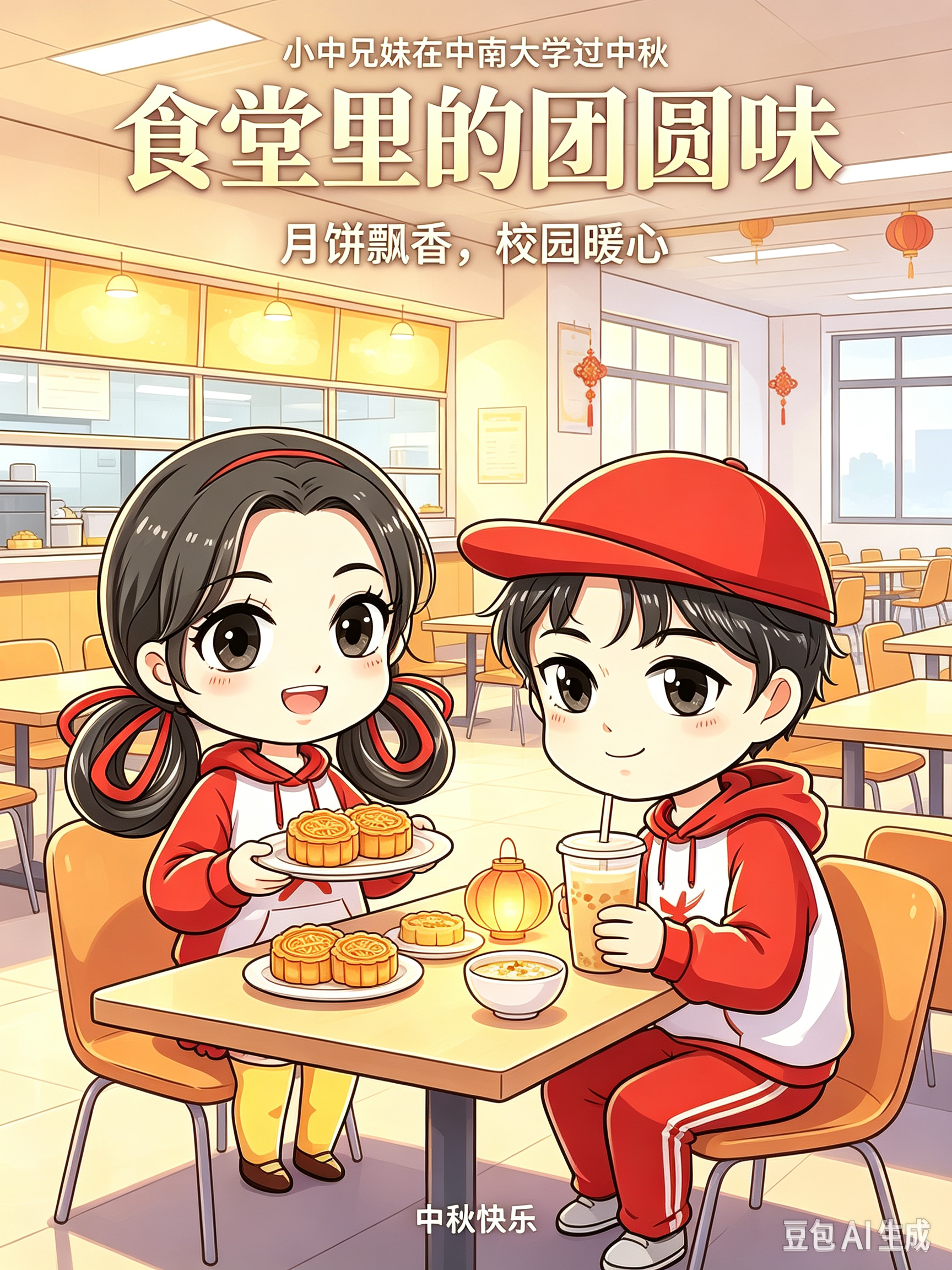 食堂烟火，即是团圆。一盘月饼、一碗热汤，兄妹在校园食堂落座，品尝中秋滋味，食堂飘香，温暖每一位留校的中南人。