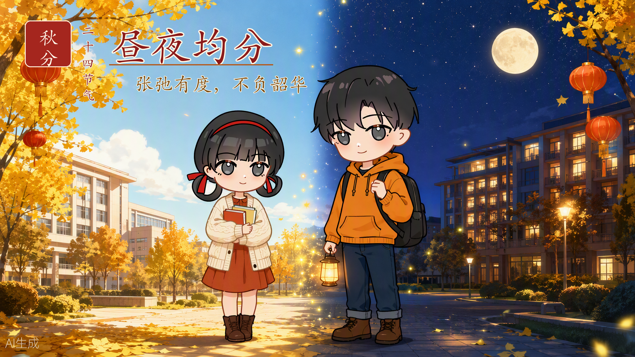 秋分这天，昼夜等长、寒暑均衡。愿南信学子如这均分的昼夜：白天在课堂全力以赴，夜晚在宿舍安心休整。会学习，也会休息，张弛有度、劳逸结合，方能在大学路上行稳致远。